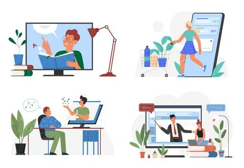 Online services set, website platform for training on lesson, research, online Stock Illustration