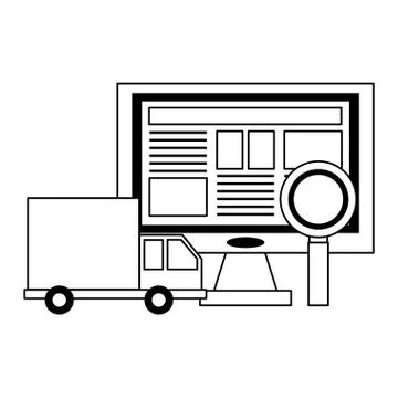 Online shipping from computer in black and white Stock Illustration