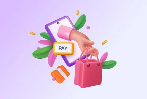 Online shop. 3D e-commerce. Phone sale. Purchase sell and delivery. Fashion Illustrazione stock