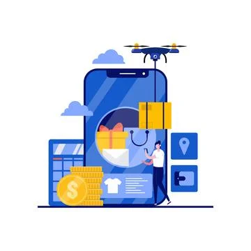 Online shop concept on mobile application screen with character. Digital ma.. Stock Illustration