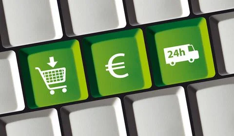 Online shop e-commerce principle on computer keyboard buy, pay, shipping Stock Photos