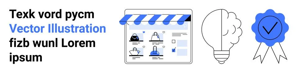 Online shop interface, light bulb idea, and blue certification icon represe.. Stock Illustration