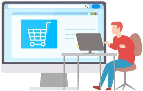 Online shop, internet store in computer program. Man choosing products, shopping Stockillustratie