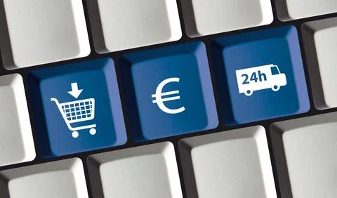 Online shop principle on computer keyboard cart truck euro icon buy pay deliver Stock Photos