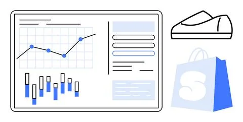 Online Shopping Analytics Dashboard with Graphs, Shoe, and Shopping Bag Icon イラスト素材