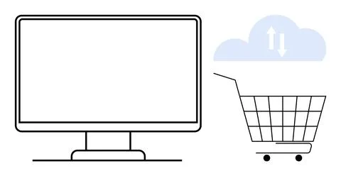 Online Shopping and Cloud Computing Concept With Monitor and Shopping Cart 스톡 일러스트