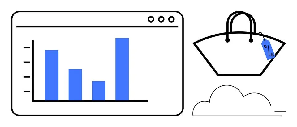 Online Shopping and Data Analytics Concept with Graph, Basket, and Cloud Symb Stock Illustration