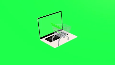 Online shopping and e-commerce with laptop green screen and shopping cart Stock Footage 338339820