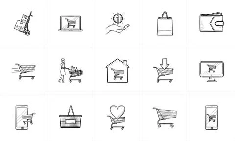 Online shopping and e-commerce hand drawn outline doodle icon set. Ilustración de archivo