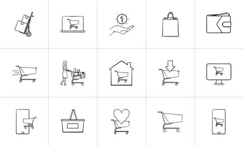Online shopping and e-commerce hand drawn outline doodle icon set. Ilustración de archivo