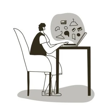 Online shopping and e-commerce. Senior person sitting at laptop and making an Stock Illustration