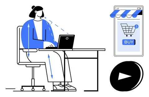 Online Shopping and E-commerce Woman at Desk with Laptop Purchasing via Mob.. Ilustración de archivo