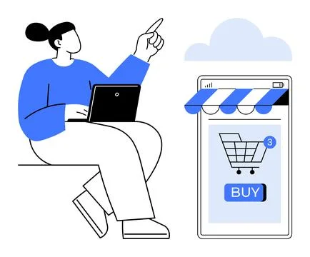 Online Shopping and E-Commerce with Digital Devices and Cloud Integration Illustrazione stock