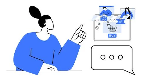 Online Shopping and E-Commerce Concept with Woman Pointing at Web Interface.. Illustrazione stock