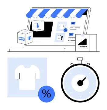Online Shopping and E-Commerce Concepts with Storefront, Product Icons, and 스톡 일러스트