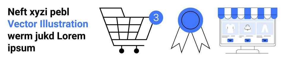 Online Shopping and E-commerce Themes Illustrated with Shopping Cart, Award.. Stock Illustration