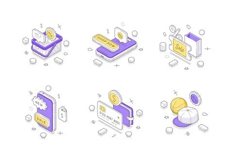 Online Shopping And E-commerce Sale Isometric Vector Illustration Icon Set Stock Illustration