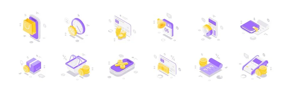 Online Shopping And E-commerce Payment Isometric Vector Illustration Icon Set Stock Illustration