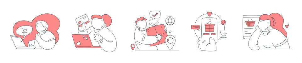 Online shopping and e-commerce vector illustration set. People buying on a la Stock Illustration