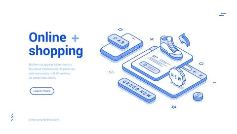 Online shopping and e-commerce isometric banner template. Digital marketing c Stock Illustration