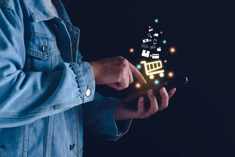 Online shopping and e-commerce business concept. Person using smartphone fo.. Stock Photos