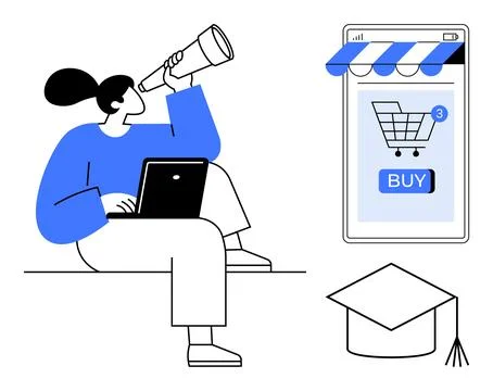 Online Shopping and E-Learning Concept with Technology and Telescope Stock Illustration