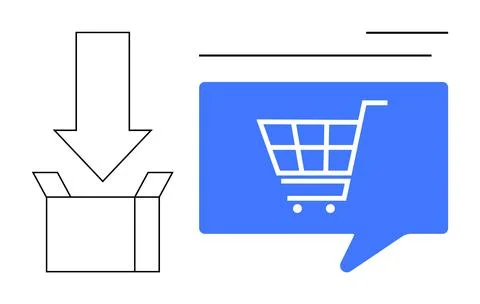 Online Shopping and Packaging Process Simplified with Cart Icon and Box Diagr Stock Illustration