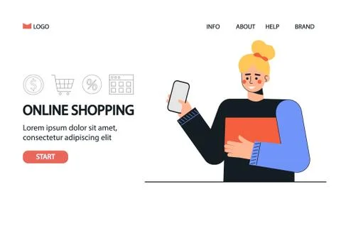 Online shopping and payment concept, a happy woman holds the phone to online Stock Illustration