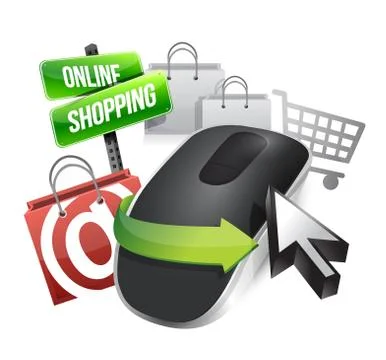 Online shopping and wireless computer mouse isolated on white background 스톡 일러스트