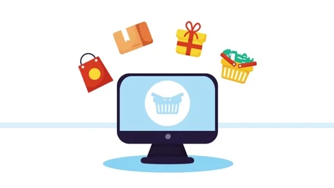 Online shopping animation featuring desktop computer with shopping bag gift.. Stock Footage 333606334