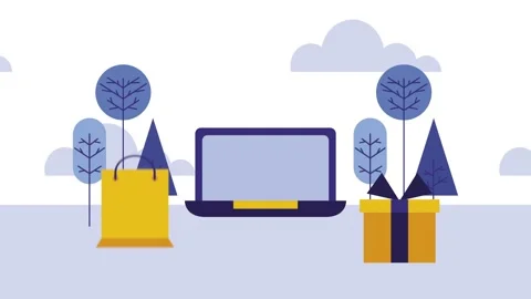 Online shopping animation with laptop computer shopping bag and gift box in.. Stockbeeldmateriaal 333426659