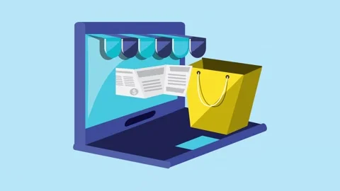 Online shopping animation with laptop computer store and shopping bag float.. Vídeos de archivo 333721930