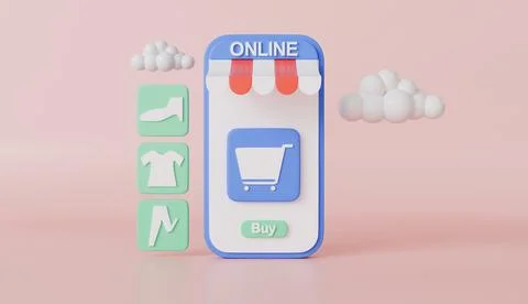 Online Shopping App Interface 3D Render of Mobile Phone with Clothing Shoes Ilustração Stock