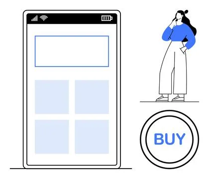 Online Shopping App Interface with Thoughtful Shopper next to Large Buy Butto Stock Illustration