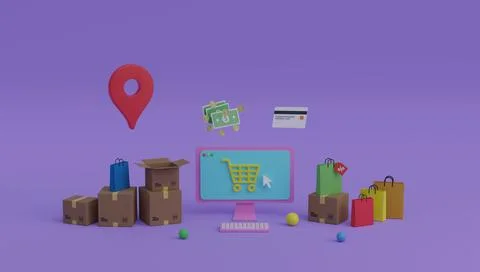 Online shopping application on computer screen 3D render illustration Stock Illustration