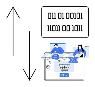 Online shopping with binary code background and upward-downward arrows indi.. Stock Illustration