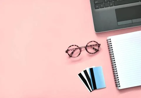 Online shopping business flat lay with copy space. Stock Photos