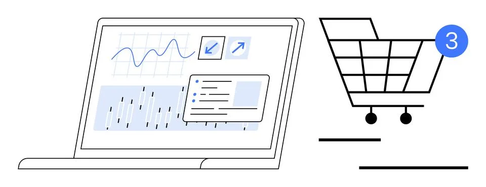 Online Shopping Cart with Analytics Dashboard Displayed on Laptop Screen Illustrazione stock