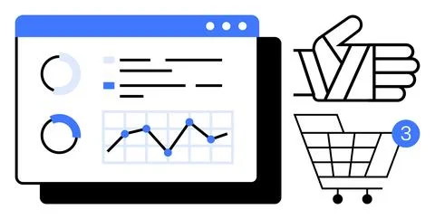Online Shopping Cart with Data Analytics Showing Trends and Analysis Stock Illustration