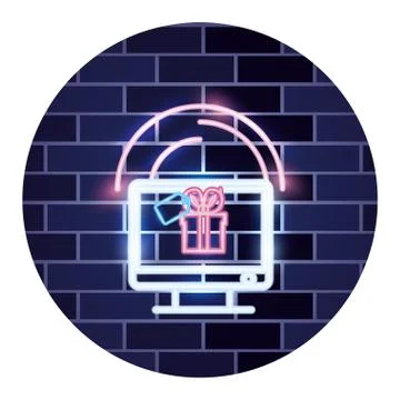 Online shopping computer gift tag neon wall Stock Illustration