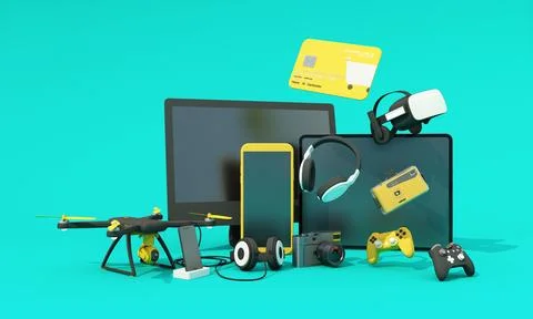 Online shopping concept about electronics and gadgets in modern promotion per Stock Illustration