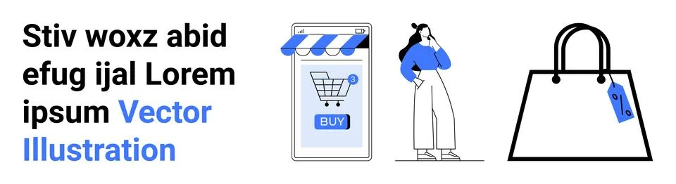 Online Shopping Concept with App Interface and Shopper Carrying Shopping Bags Stock Illustration