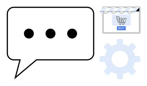 Online Shopping Concept with Chat Bubble, Shopping Cart, and Gear Icon Stock Illustration
