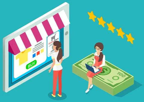 Online shopping concept on computer desk vector illustration. People buyer and Stock Illustration