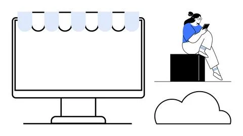 Online Shopping Concept with Computer Screen, Woman on Tablet, and Cloud Icon 스톡 일러스트