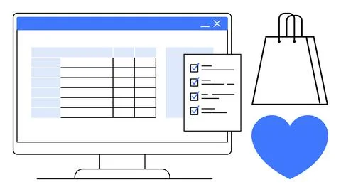 Online Shopping Concept with Computer Screen, Checklist, Shopping Bag, and .. Stock Illustration