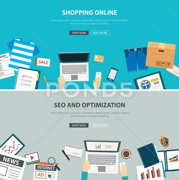Online shopping concept desktop with seo optimization flat design Stock Illustration