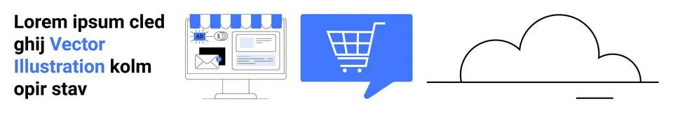 Online Shopping Concept with E-commerce Desktop, Shopping Cart Icon, and Cl.. 스톡 일러스트
