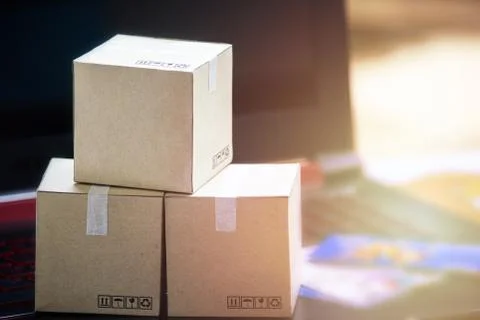 Online shopping concept e-commerce delivery buying service. square cartons sh Stock Photos