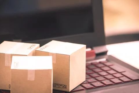 Online shopping concept e-commerce delivery buying service. square cartons sh Stock Photos